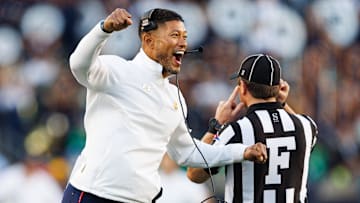 Notre Dame head coach Marcus Freeman celebrates after the defense scored a safety in the second half against NC State at Notre Dame Stadium on Saturday, Oct. 11, 2025, in South Bend.