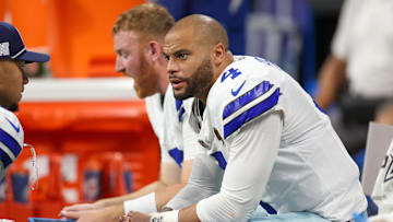 Nov 3, 2024; Atlanta, Georgia, USA; Dallas Cowboys quarterback Dak Prescott (4) on the bench against the Atlanta Falcons in the fourth quarter at Mercedes-Benz Stadium. Mandatory Credit: Brett Davis-Imagn Images