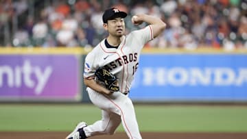 Sep 19, 2024; Houston, Texas, USA;  Houston Astros starting pitcher Yusei Kikuchi (16) pitches against the Los Angeles Angels in the third inning at Minute Maid Park. Mandatory Credit: Thomas Shea-Imagn Images