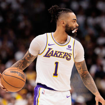 Apr 20, 2024; Denver, Colorado, USA; Los Angeles Lakers guard D'Angelo Russell (1) drives to the basket during the third quarter against the Denver Nuggets in game one of the first round for the 2024 NBA playoffs at Ball Arena. Mandatory Credit: Andrew Wevers-USA TODAY Sports