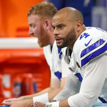 Dallas Cowboys quarterback Dak Prescott on the bench against the Atlanta Falcons in the fourth quarter at Mercedes-Benz Stadium. Mandatory Credit: Brett Davis-Imagn Images