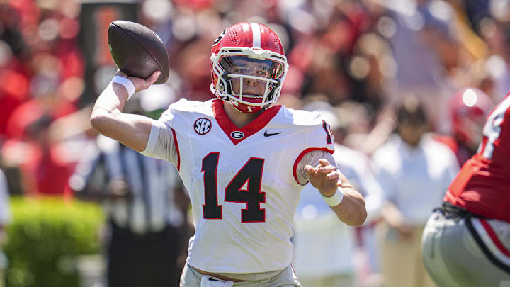 Apr 12, 2025; Athens, GA, USA; Georgia Bulldogs quarterback Gunner Stockton (14) passes during the Georgia Spring game at Sanford Stadium. Mandatory Credit: Dale Zanine-Imagn Images