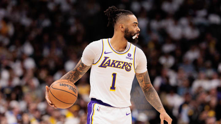 Apr 20, 2024; Denver, Colorado, USA; Los Angeles Lakers guard D'Angelo Russell (1) drives to the basket during the third quarter against the Denver Nuggets in game one of the first round for the 2024 NBA playoffs at Ball Arena. Mandatory Credit: Andrew Wevers-USA TODAY Sports