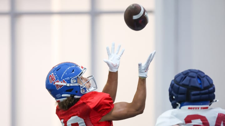 Ole Miss Rebels wide receiver Cayden Lee catches a pass during 2024 fall camp.