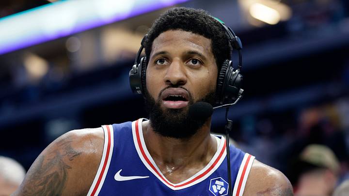 Philadelphia 76ers forward Paul George (8) is interviewed following the game against the Charlotte Hornets at Spectrum Center on March 28, 2026