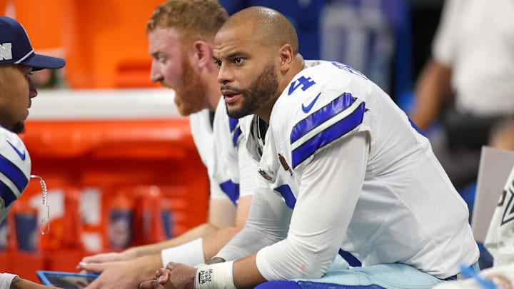 Dallas Cowboys quarterback Dak Prescott on the bench against the Atlanta Falcons. Dallas Cowboys quarterback Dak Prescott on the bench against the Atlanta Falcons.