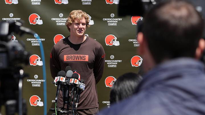 Cleveland Browns linebacker Carson Schwesinger (49) takes questions during a press conference before NFL rookie minicamp at the Cleveland Browns training facility on Friday, May 9, 2025, in Berea, Ohio.