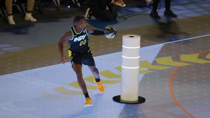 Feb 17, 2024; Indianapolis, IN, USA; Indiana Pacers guard Bennedict Mathurin (00) competes in the Kia Skills Challenge during NBA All Star Saturday Night at Lucas Oil Stadium. Mandatory Credit: Trevor Ruszkowski-USA TODAY Sports