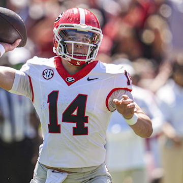 Apr 12, 2025; Athens, GA, USA; Georgia Bulldogs quarterback Gunner Stockton (14) passes during the Georgia Spring game at Sanford Stadium. Mandatory Credit: Dale Zanine-Imagn Images