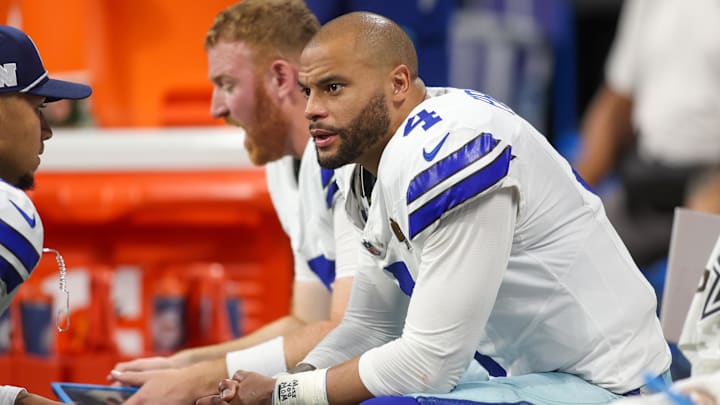 Dallas Cowboys quarterback Dak Prescott on the bench against the Atlanta Falcons. Dallas Cowboys quarterback Dak Prescott on the bench against the Atlanta Falcons.