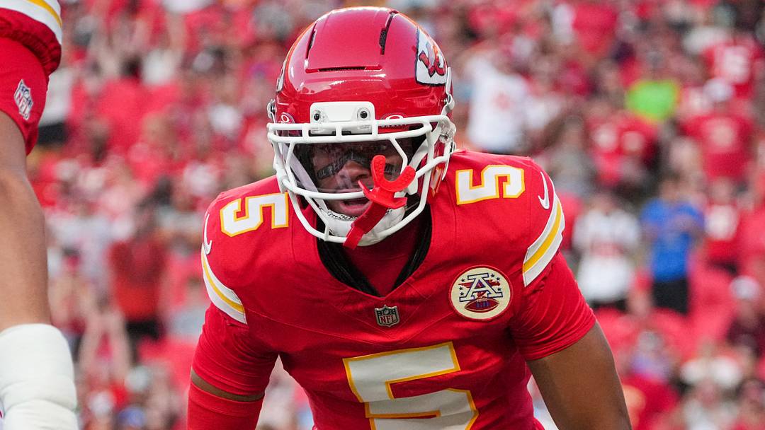 Aug 28, 2026; Kansas City, Missouri, USA; Kansas City Chiefs cornerback Mansoor Delane (5) celebrates with defensive end George Karlaftis (56) after a play against the Seattle Seahawks during the first half of the game at Arrowhead Stadium. Mandatory Credit: Denny Medley-Imagn Images