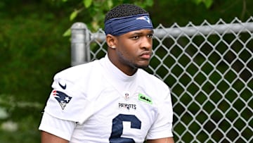 Jun 9, 2025; Foxborough, MA, USA; New England Patriots wide receiver Javon Baker (6) walks to the practice fields at Gillette Stadium. Mandatory Credit: Eric Canha-Imagn Images