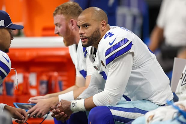 Dallas Cowboys quarterback Dak Prescott on the bench against the Atlanta Falcons. Dak Prescott ripped as 'unreliable, not cut out to lead' Cowboys by NFL insider - bb