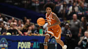 Apr 4, 2025; Tampa, FL, USA;  Texas Longhorns guard Rori Harmon (3) dribbles against the South Carolina Gamecocks during the first half in a semifinal of the women's 2025 NCAA tournament at Amalie Arena. Mandatory Credit: Nathan Ray Seebeck-Imagn Images