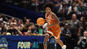 Apr 4, 2025; Tampa, FL, USA;  Texas Longhorns guard Rori Harmon (3) dribbles against the South Carolina Gamecocks during the first half in a semifinal of the women's 2025 NCAA tournament at Amalie Arena. Mandatory Credit: Nathan Ray Seebeck-Imagn Images