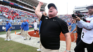 Sep 28, 2024; Oxford, Mississippi, USA; Kentucky Wildcats head coach  Mark Stoops reacts after defeating the Mississippi Rebels at Vaught-Hemingway Stadium. Mandatory Credit: Petre Thomas-Imagn Images