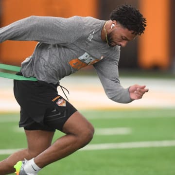 Gabe Jeudy-Lally participates in a drill at Tennessee Pro-Day in Knoxville, Tenn., Wednesday, March 27, 2024.