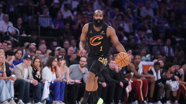 May 19, 2026; New York, New York, USA; Cleveland Cavaliers guard James Harden (1) controls the ball against the New York Knicks during the second quarter of game one of the eastern conference finals during the 2026 NBA playoffs at Madison Square Garden. Mandatory Credit: Brad Penner-Imagn Images