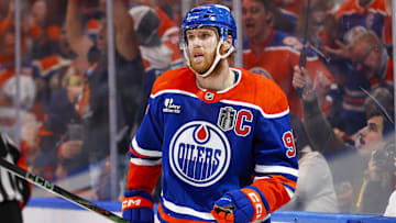 Jun 14, 2025; Edmonton, Alberta, CAN; Edmonton Oilers center Connor McDavid (97) celebrates scoring during the third period against the Florida Panthers in game five of the 2025 Stanley Cup Final at Rogers Place. Mandatory Credit: Perry Nelson-Imagn Images
