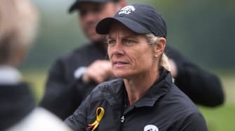 Iowa women's golf head coach Megan Menzel talks with players during the Diane Thomason Invitational on Sunday, Sept. 30, 2018, at Finkbine Golf Course in Iowa City.

180930 W Golf 010 Jpg