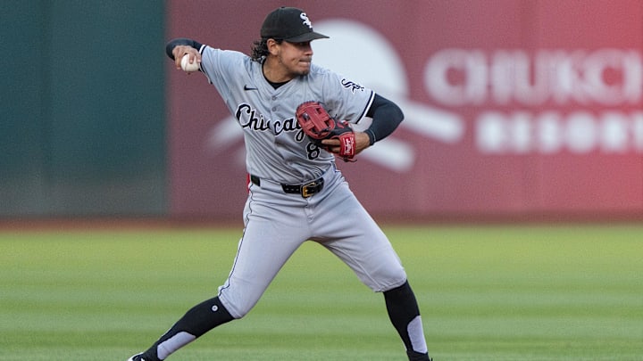 Chicago White Sox second baseman Nicky Lopez (8) throws the ball during the fourth inning against the Oakland Athletics in Oakland, Calif., in August 2024.