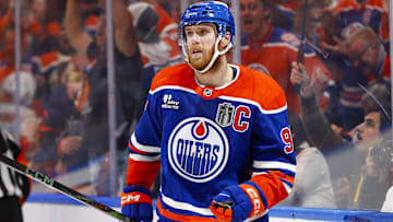 Jun 14, 2025; Edmonton, Alberta, CAN; Edmonton Oilers center Connor McDavid (97) celebrates scoring during the third period against the Florida Panthers in game five of the 2025 Stanley Cup Final at Rogers Place. Mandatory Credit: Perry Nelson-Imagn Images