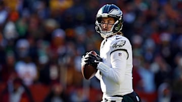 Dec 22, 2024; Landover, Maryland, USA; Philadelphia Eagles quarterback Kenny Pickett (7) throws a pass during the first quarter against the Washington Commanders at Northwest Stadium. Mandatory Credit: Peter Casey-Imagn Images