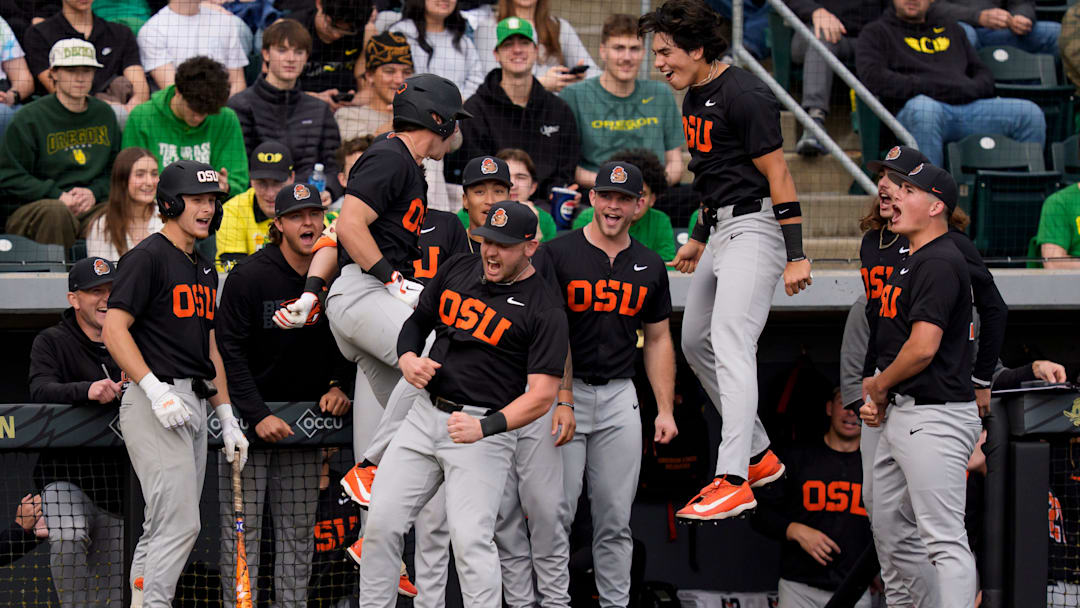 Oregon State celebrates a home run by infielder Paul Vazquez as the Oregon Ducks host the Oregon State Beavers on March 3, 2026, at PK Park in Eugene, Oregon.