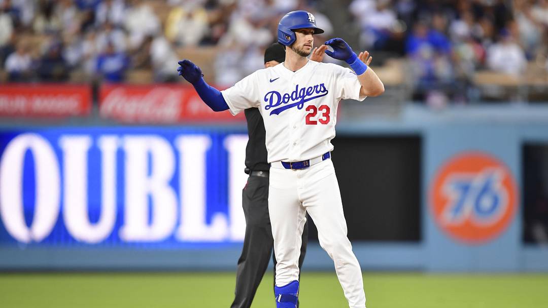 May 13, 2026; Los Angeles, California, USA; Los Angeles Dodgers right fielder Kyle Tucker (23) celebrates after hitting a double in the second inning against the San Francisco Giants at Dodger Stadium. Mandatory Credit: Gary A. Vasquez-Imagn Images May 13, 2026; Los Angeles, California, USA; Los Angeles Dodgers right fielder Kyle Tucker (23) celebrates after hitting a double in the second inning against the San Francisco Giants at Dodger Stadium. Mandatory Credit: Gary A. Vasquez-Imagn Images