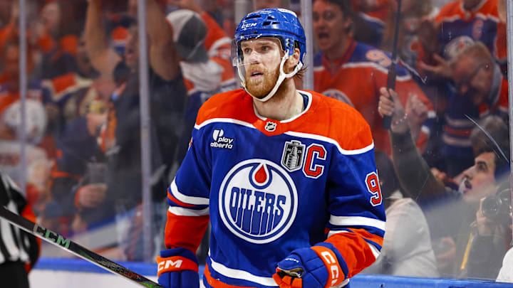 Jun 14, 2025; Edmonton, Alberta, CAN; Edmonton Oilers center Connor McDavid (97) celebrates scoring during the third period against the Florida Panthers in game five of the 2025 Stanley Cup Final at Rogers Place. Mandatory Credit: Perry Nelson-Imagn Images