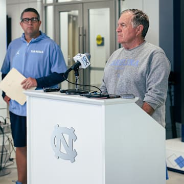 Bill Belichick speaking to the press before UNC's first practice of fall camp on Aug. 2, 2025