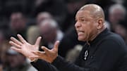 Milwaukee Bucks head coach Doc Rivers shows his frustration with a call as they compete against the Philadelphia 76ers