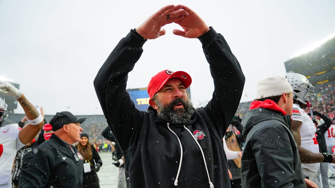 Ohio State Buckeyes defensive coordinator Matt Patricia celebrates after defeating the Michigan Wolverines in the NCAA football game at Michigan Stadium on Saturday, Nov. 29, 2025 in Ann Arbor, Michigan.