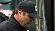 Oct 11, 2025; East Lansing, Michigan, USA; Michigan State head coach Jonathan Smith walks off the field at the half against the UCLA Bruins at Spartan Stadium. Mandatory Credit: Brendan Mullin-Imagn Images