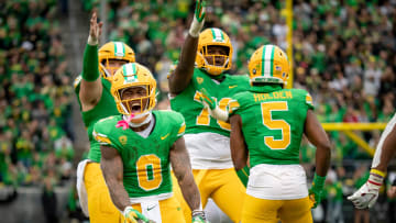 Oregon running back Bucky Irving celebrates a long run as the No. 9 Oregon Ducks host Washington State Saturday, Oct. 21, 2023, at Autzen Stadium in Eugene, Ore.