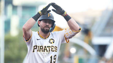 Aug 23, 2025; Pittsburgh, Pennsylvania, USA;  Pittsburgh Pirates shortstop Jared Triolo (19) gestures as he circles the bases on a two-run home run against the Colorado Rockies during the third inning at PNC Park. Mandatory Credit: Charles LeClaire-Imagn Images