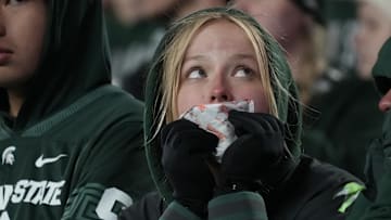 Oct 25, 2025; East Lansing, Michigan, USA; A Michigan State Spartan looks on during the second half of a game against the Michigan Wolverines at Spartan Stadium. Mandatory Credit: Brendan Mullin-Imagn Images