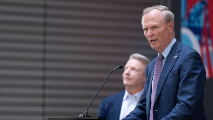 Aug 1, 2024; Hackensack, NJ, USA; New York Giants President and CEO John Mara speaks during a ceremony to unveil a mural celebrating the New York Giants 100th season at Hackensack University Medical Center.