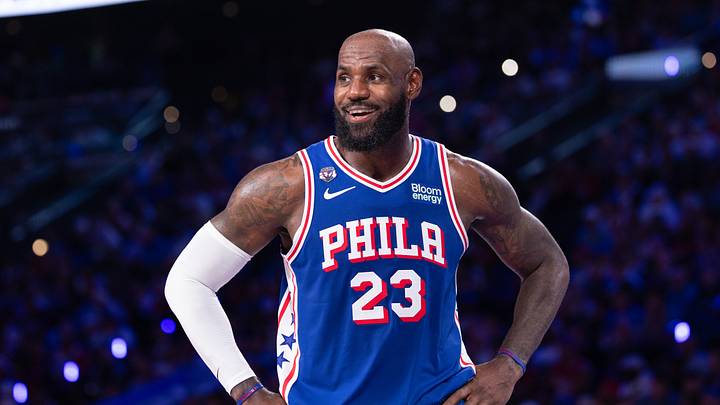 Philadelphia 76ers forward LeBron James (23) reacts after a play against the Cleveland Cavaliers during the third quarter at Xfinity Mobile Arena on oct. 22, 2026.