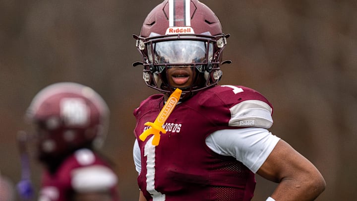 Harper Woods wide receiver Dakota Guerrant (1) stands on the field during a Division 4 regional final against Divine Child High School at John Glenn High School in Westland on Saturday, Nov. 15, 2025.