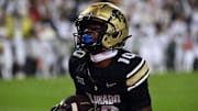 Sep 21, 2024; Boulder, Colorado, USA; Colorado Buffaloes wide receiver LaJohntay Wester (10) celebrates after catching a pass to tie the game in the final seconds of the game against the Baylor Bears at Folsom Field. 