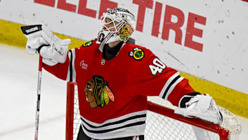 Mar 30, 2025; Chicago, Illinois, USA;  Chicago Blackhawks goaltender Arvid Soderblom (40) looks on after the Utah Hockey Club scored their fifth goal during the third period at United Center. Mandatory Credit: Matt Marton-Imagn Images