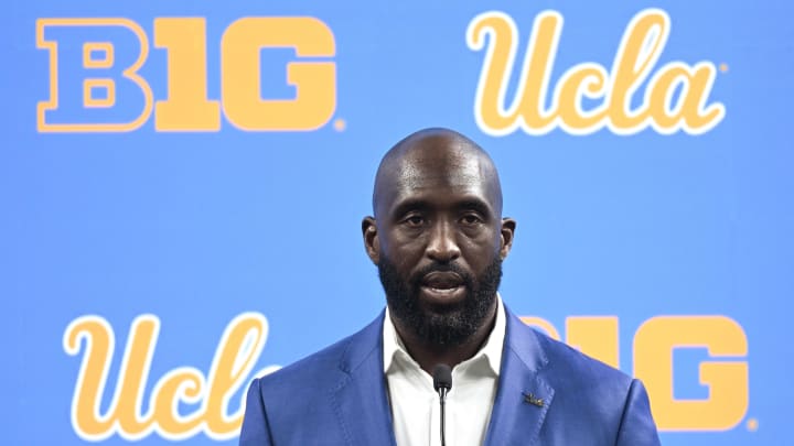 Jul 24, 2024; Indianapolis, IN, USA;  UCLA Bruins head coach DeShaun Foster speaks to the media during the Big 10 football media day at Lucas Oil Stadium. Mandatory Credit: Robert Goddin-USA TODAY Sports