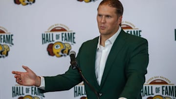 Former Green Bay Packers linebacker Clay Matthews speaks during a press conference before the 2024 Packers Hall of Fame induction banquet on Thursday, August 29, 2024, at Lambeau Field in Green Bay, Wis. Matthews and former Packers defensive lineman Aaron Kampman were both inducted to the Hall of Fame on Thursday night.