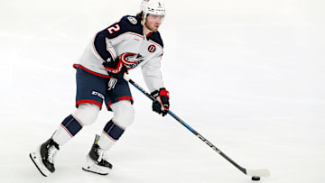 Jan 7, 2025; Pittsburgh, Pennsylvania, USA; Columbus Blue Jackets defenseman Jake Christiansen (2) warms up before the game against the Pittsburgh Penguins at PPG Paints Arena. Mandatory Credit: Charles LeClaire-Imagn Images
