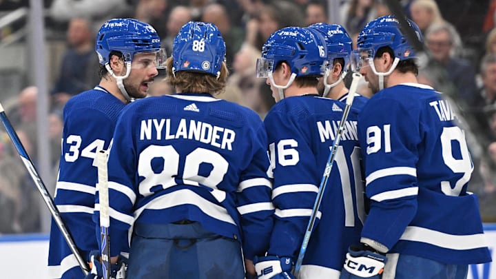 Feb 24, 2023; Toronto, Ontario, CAN;  Toronto Maple Leafs forward Auston Matthews (34) speaks to team mates before taking a power play faceoff against the Minnesota Wild in the third period at Scotiabank Arena. Mandatory Credit: Dan Hamilton-Imagn Images