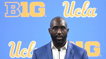 Jul 24, 2024; Indianapolis, IN, USA;  UCLA Bruins head coach DeShaun Foster speaks to the media during the Big 10 football media day at Lucas Oil Stadium. Mandatory Credit: Robert Goddin-USA TODAY Sports