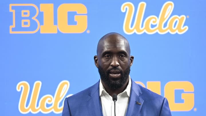 Jul 24, 2024; Indianapolis, IN, USA;  UCLA Bruins head coach DeShaun Foster speaks to the media during the Big 10 football media day at Lucas Oil Stadium. Mandatory Credit: Robert Goddin-USA TODAY Sports