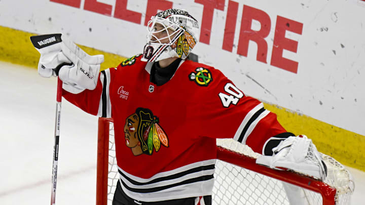Mar 30, 2025; Chicago, Illinois, USA;  Chicago Blackhawks goaltender Arvid Soderblom (40) looks on after the Utah Hockey Club scored their fifth goal during the third period at United Center. Mandatory Credit: Matt Marton-Imagn Images