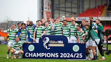 26th April 2025; Tannadice Park, Dundee, Scotland; Scottish Premiership Football, Dundee United versus Celtic; Celtic players celebrate winning the league after their victory today ActionPlus12779165 VagelisxGeorgariou